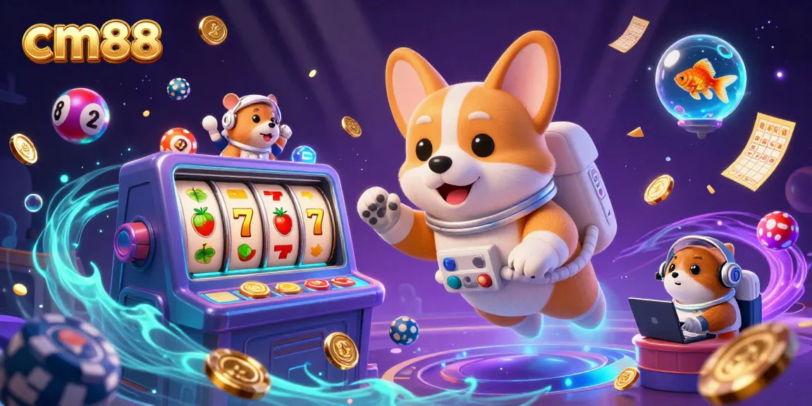Experience casino excitement with cm88 as 3D characters float amid vibrant games and lottery elements.