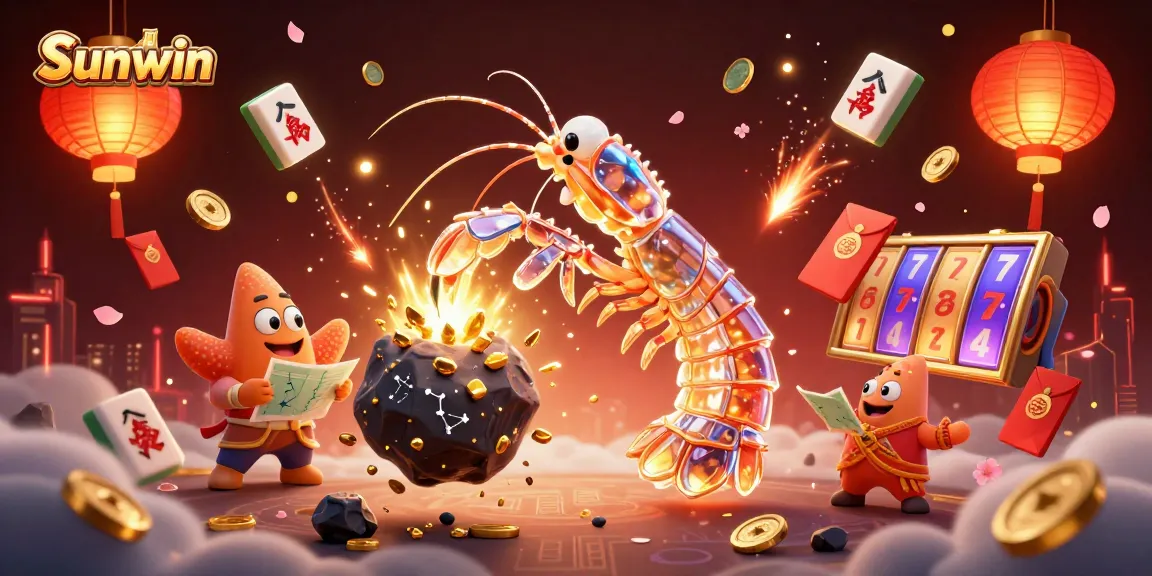 Sunwin showcases a galactic samurai mantis shrimp amidst vibrant slot elements, delivering an engaging casino experience.