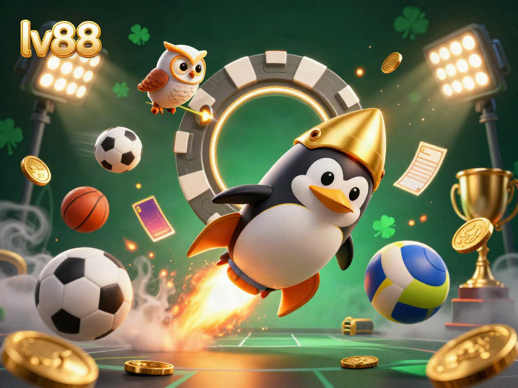 Experience the thrill of lv88 as the golden penguin soars towards a poker chip casino in a vibrant 3D illustration.