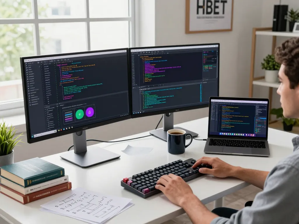 Developer coding in a modern workspace, showcasing hbet software tools and vibrant screens.