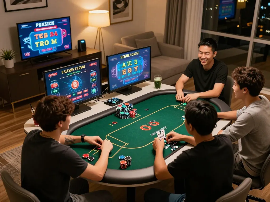 Friends enjoying online poker gaming at home, showcasing SC88's thrilling casino experience
