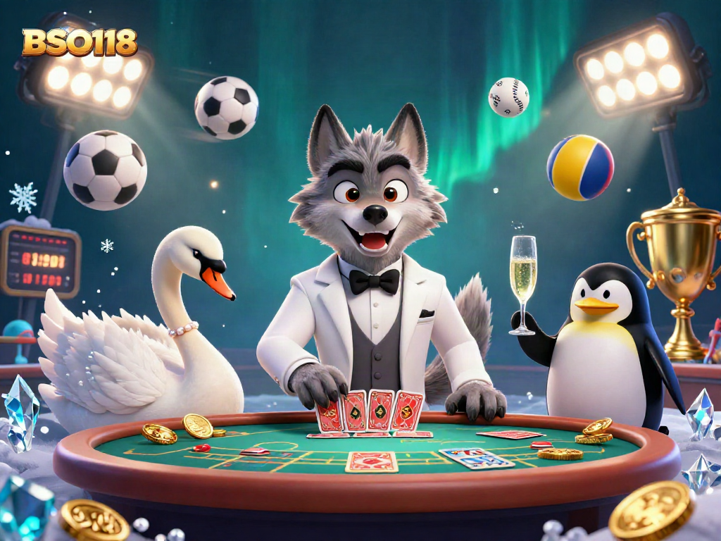 Engage with BSO118 at a vibrant, animated casino scene featuring a wolf and friends