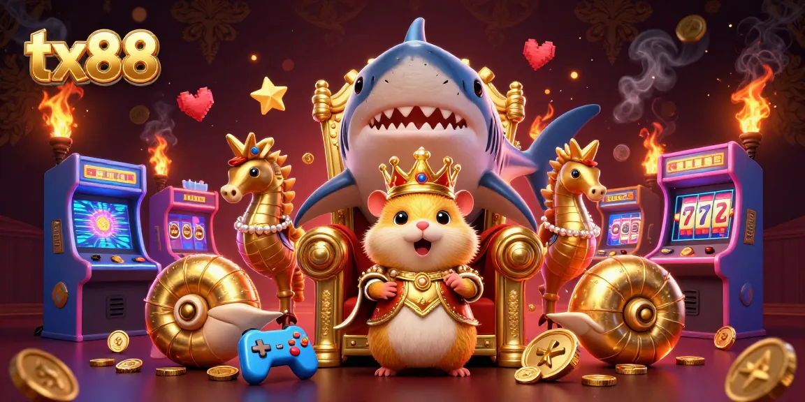 Witness the majestic tx88 golden hamster king surrounded by vibrant casino elements.