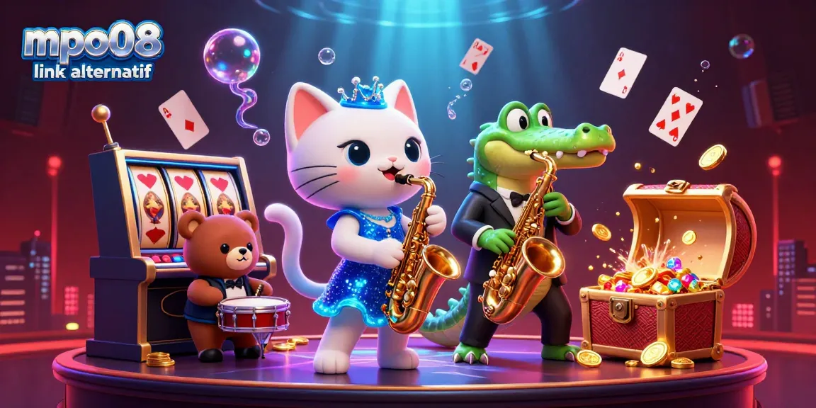 Experience the vibrant energy of mpo08 link alternatif in this lively casino scene featuring a jazz-singer cat, saxophone crocodile, and drum-playing bear.