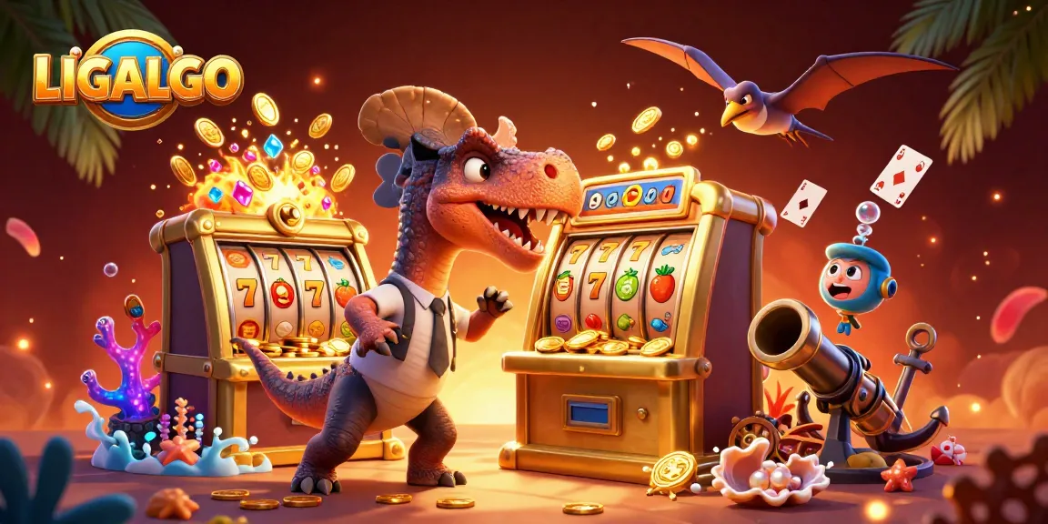 LIGALGO showcases a thrilling scene of a pachycephalosaurus hitting a slot machine, surrounded by vibrant casino elements.
