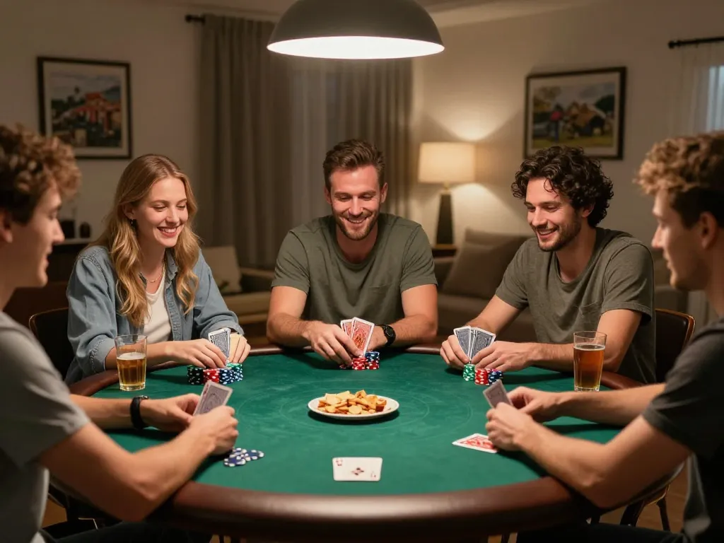 Players enjoying a friendly poker game at home, showcasing LC88 strategies in action.