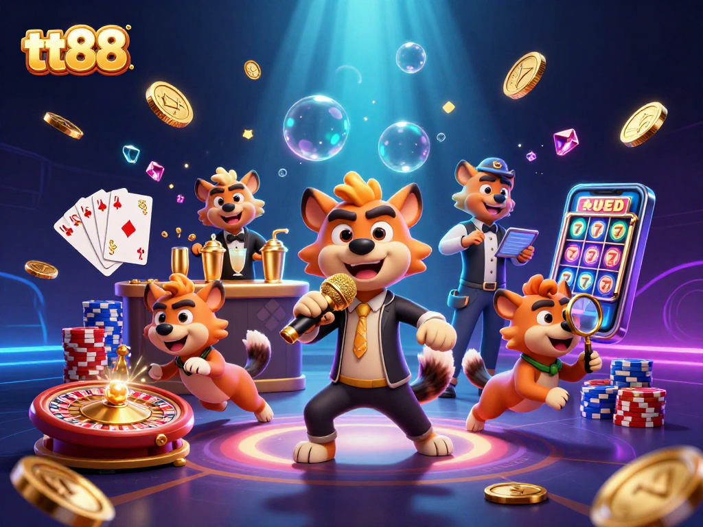 tt88 captures a lively casino scene with animated hyenas at work, showcasing comedy, bartending, and security.