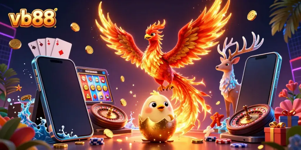 Experience thrilling jackpots at vb88 with dynamic casino elements featuring phoenix characters and slot games.
