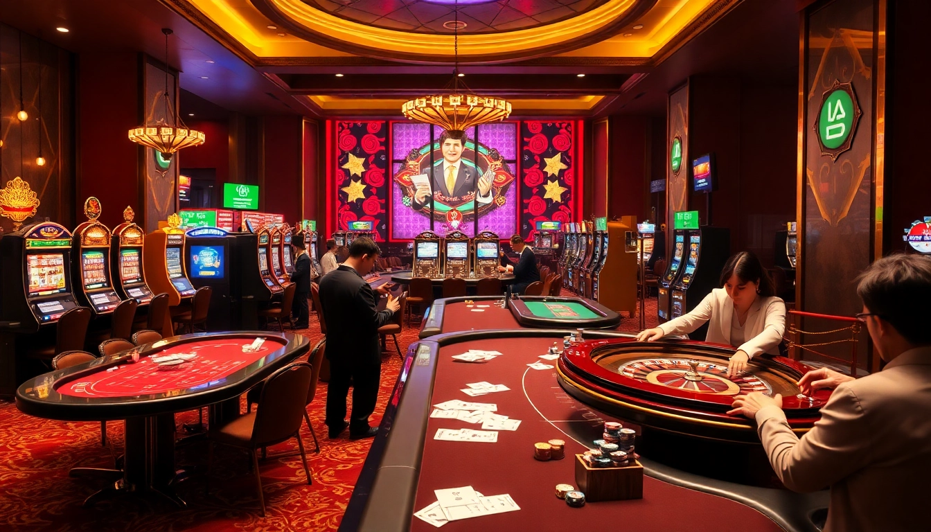 Exciting gambling scene showcasing players engaging in MV88 betting activities at elegant casino tables.