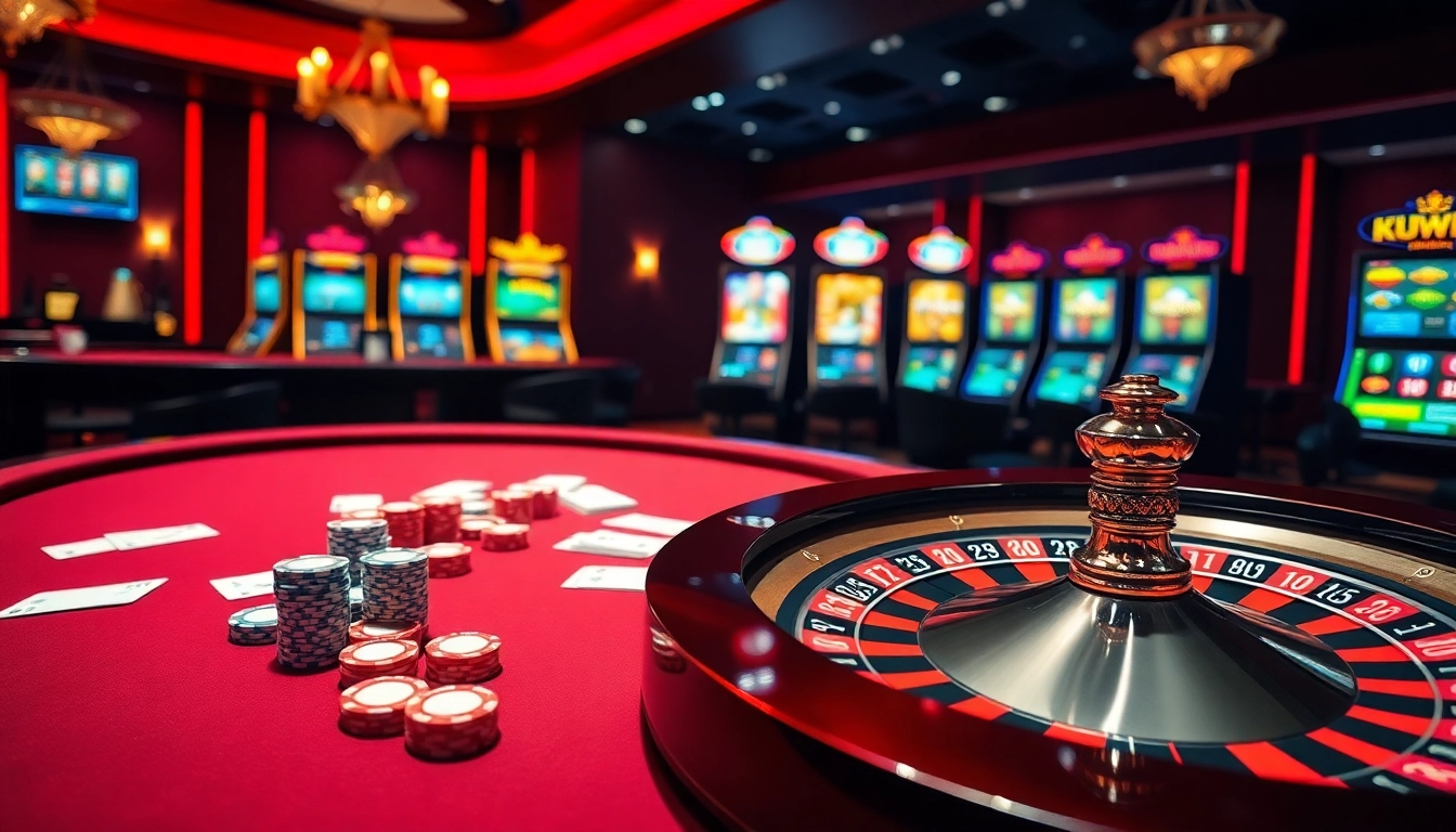 Kuwin casino experience with vibrant poker chips and glowing roulette wheel, showcasing online gambling excitement.