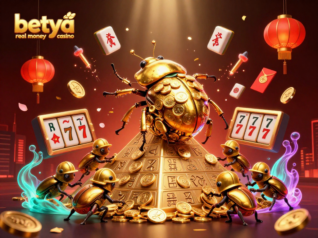 betya real money casino scene with golden beetles rolling coins, enveloped in festive casino elements