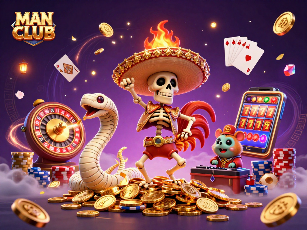 MAN CLUB celebrates winning moments with a festive 3D illustration of casino characters and gold coins.