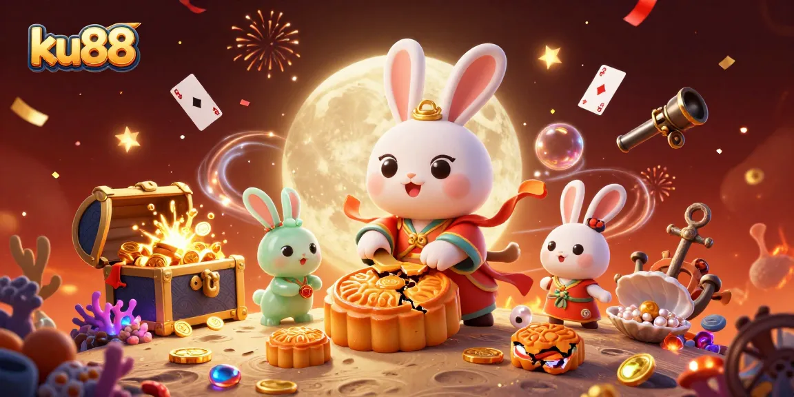 ku88 showcases a vibrant 3D illustration of a moon rabbit and gaming elements in a casino atmosphere.