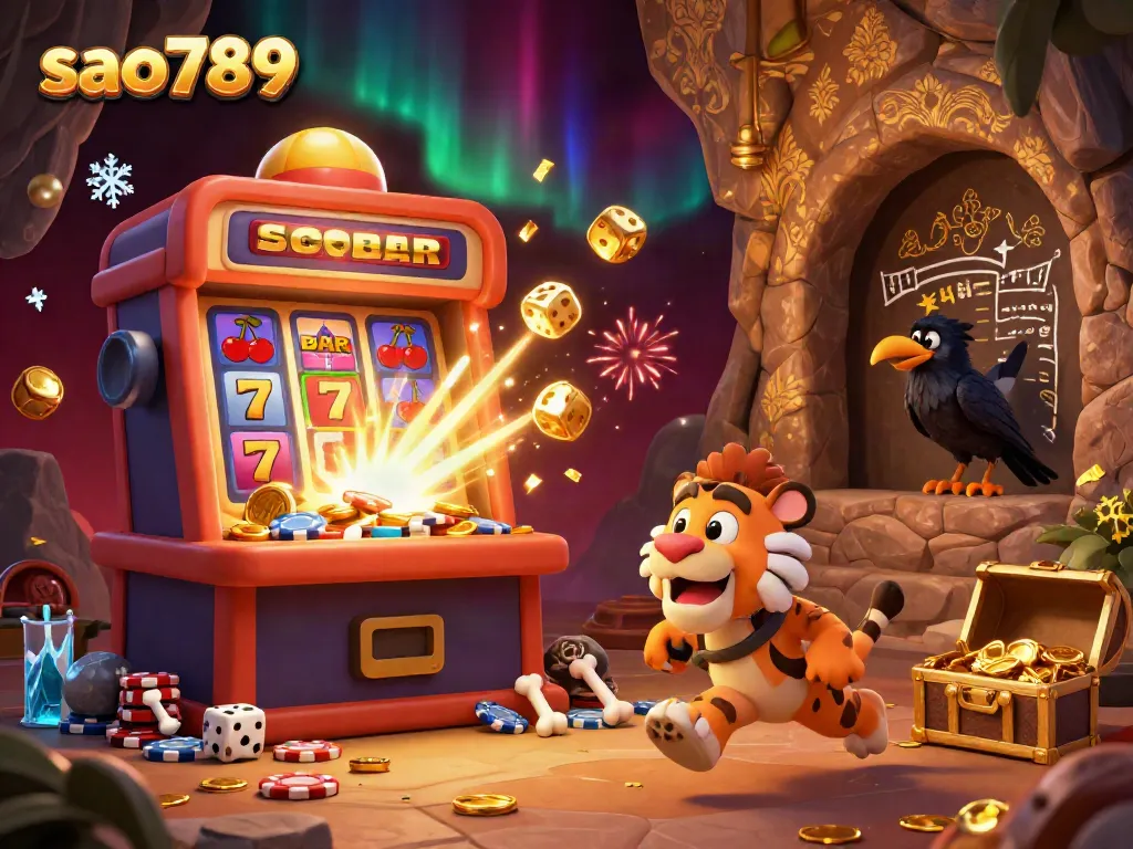 Experience thrilling casino games with sao789 in this vibrant 3D illustration featuring prehistoric characters and slot machines.