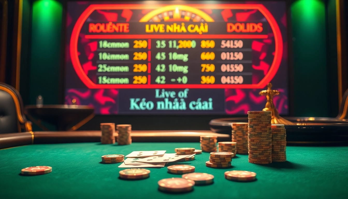 Kèo nhà cái displayed prominently on a live betting board in an elegant casino setting.
