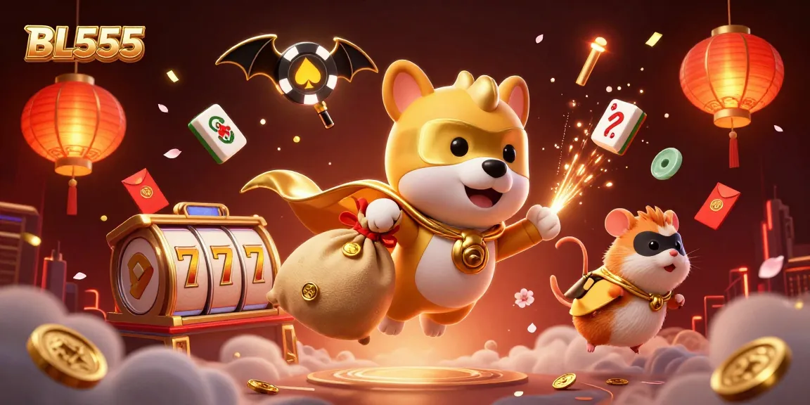Experience the excitement of BL555 with a superhero dog and gold coins in an engaging casino scene.