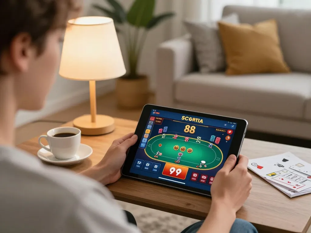 Engaging scene featuring sc 88 online game on a tablet, depicting strategic gameplay in a cozy home setting.
