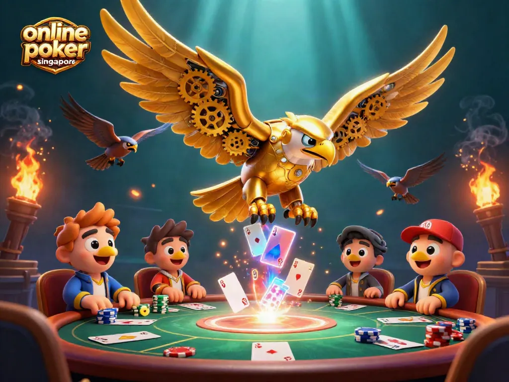 Experience thrilling online poker Singapore with a golden eagle, playing cards, and vibrant casino elements.