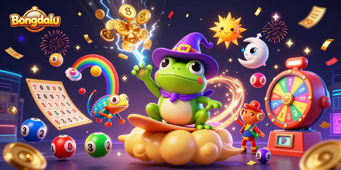 Bongdalu engages players with a vibrant scene of a wizard frog, chameleon, and lottery themes, celebrating wins and excitement.