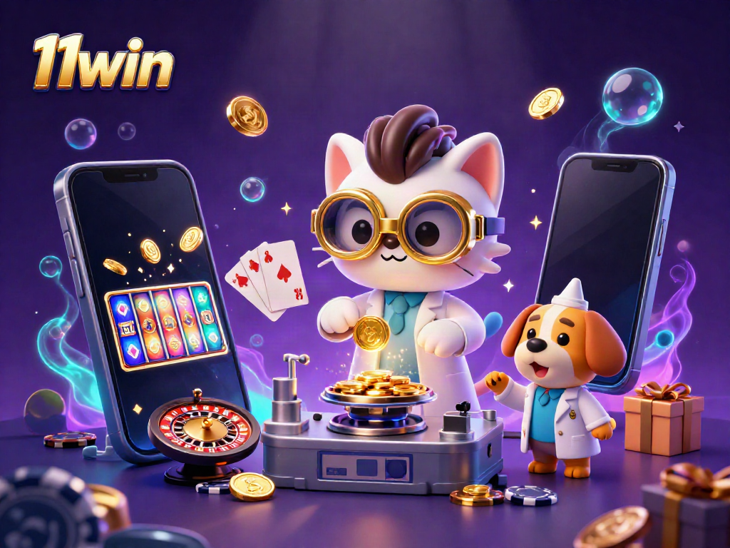 Catch stunning action at 11win with a mad scientist cat and thrilling casino elements in a vibrant, magical scene.