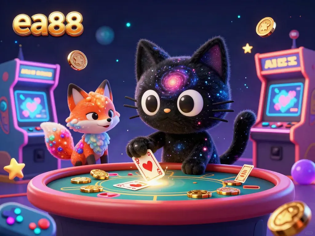 ea88 hành động vào bảng casino mời gọi, hình ảnh một chú mèo hố đen và cáo nebul màu sắc.
