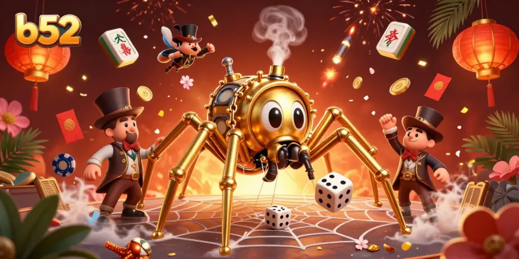 B52 spins winning fortunes in a vibrant steampunk-themed casino web, showcasing thrilling gaming elements.