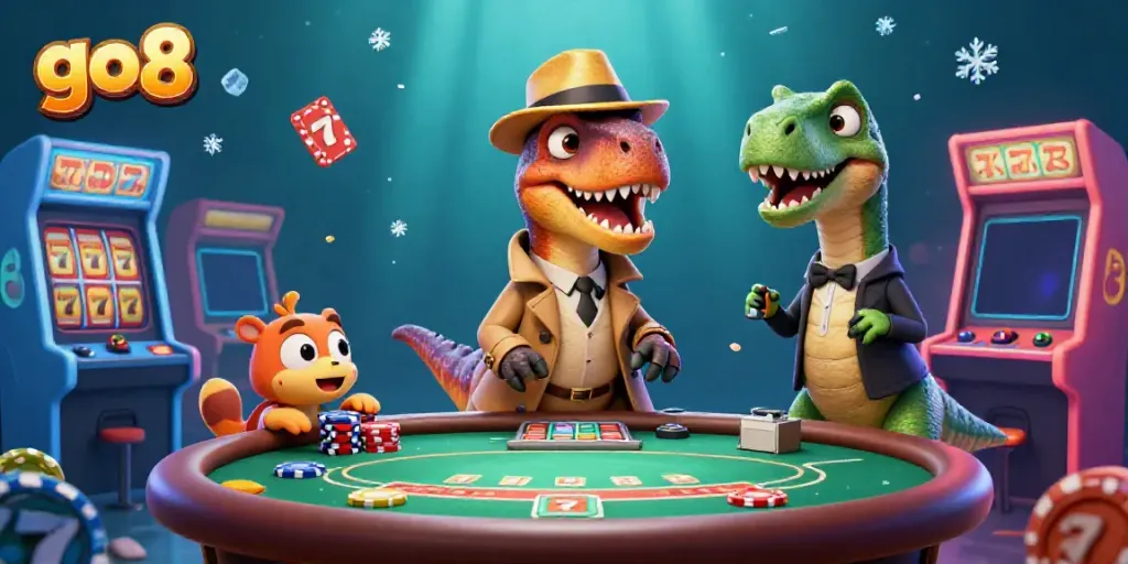 Experience thrilling gameplay with go8's vibrant casino atmosphere featuring cartoon dinosaur characters.