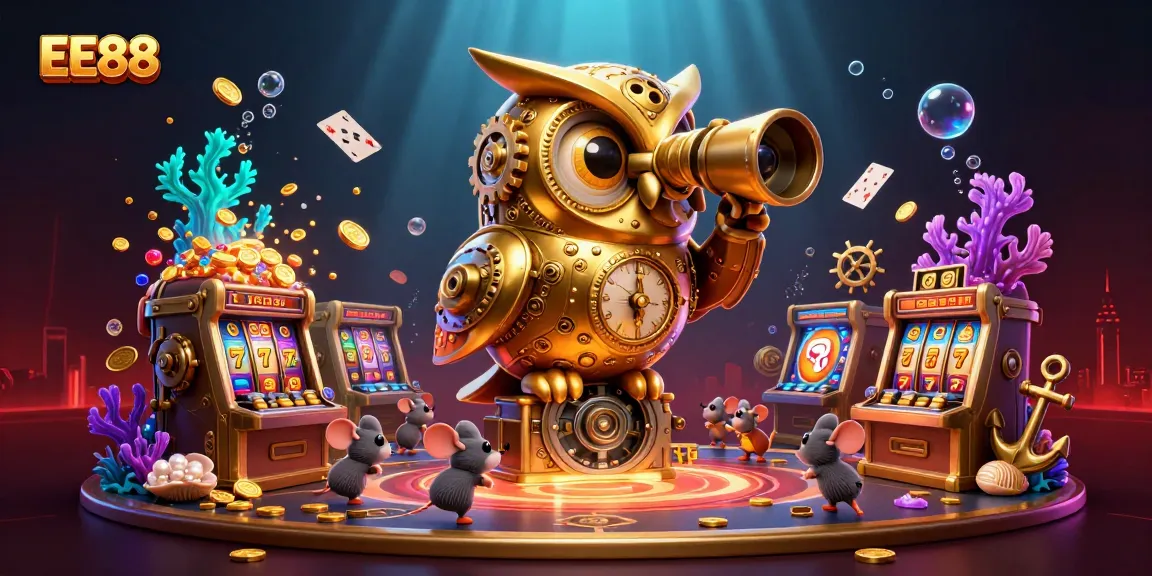 Experience EE88's vibrant casino atmosphere with a clockwork owl and lively gameplay elements.