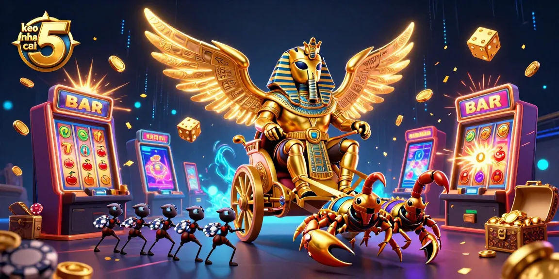 Witness the dynamic scene of keo nha cai 5, featuring a golden beetle and scorpions amidst flashy casino games.