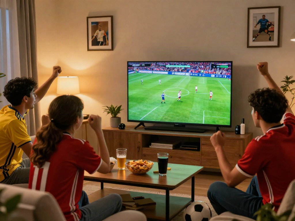 Friends enjoying a live football match at home, reflecting the passion of gavangtv.study for sports.