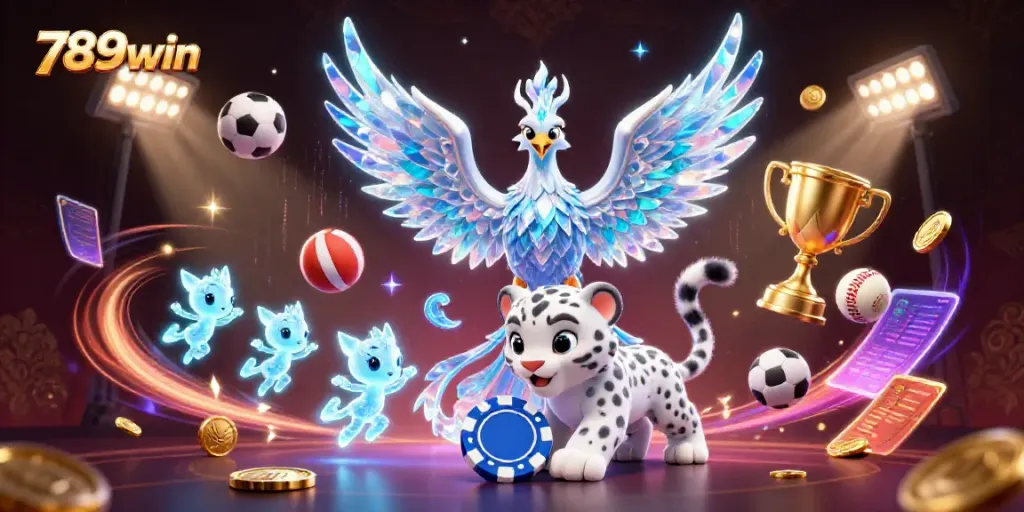 Join the thrilling world of 789win with an enchanting ice phoenix and playful scenes of gambling excitement.