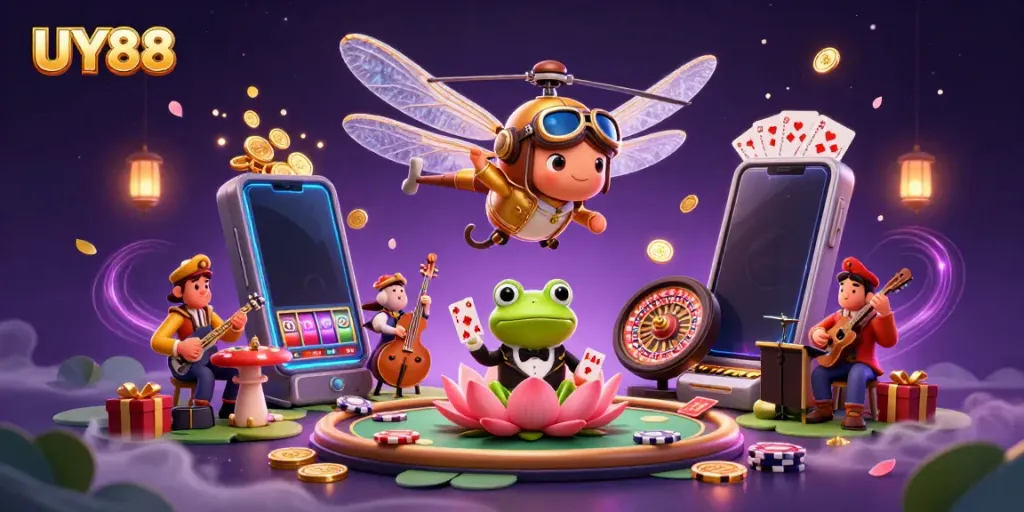 Experience the thrilling UY88 casino world with vibrant characters and games in action.