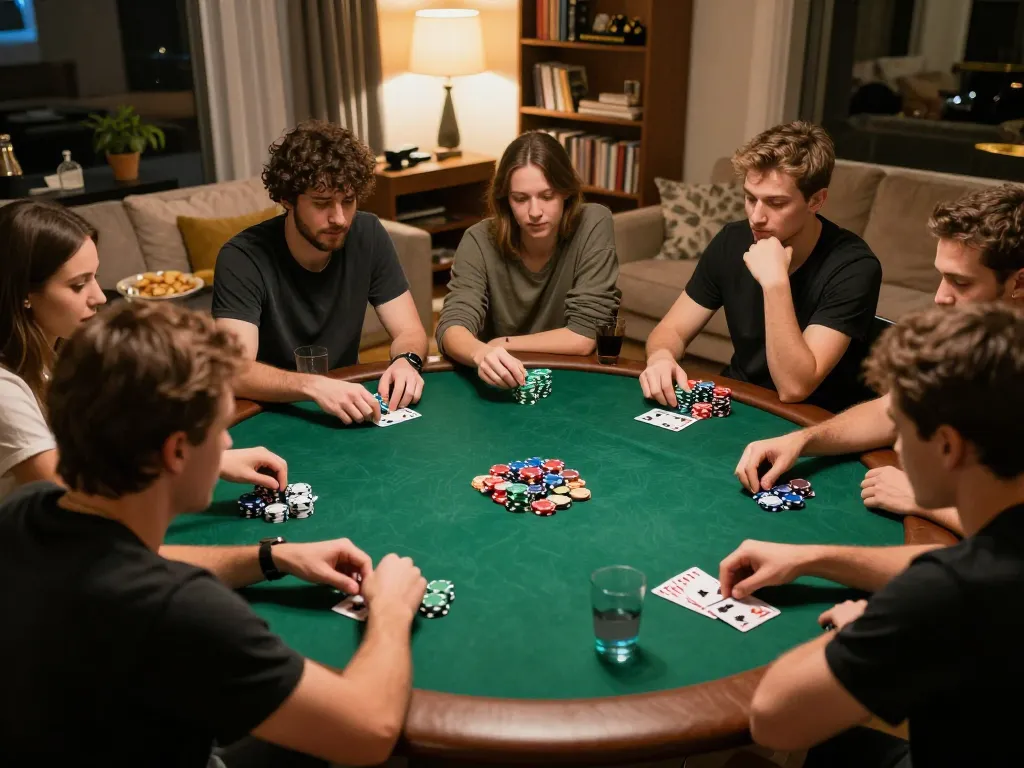 Exciting home poker night with friends enjoying SC88 gaming atmosphere, focused on strategy and fun.
