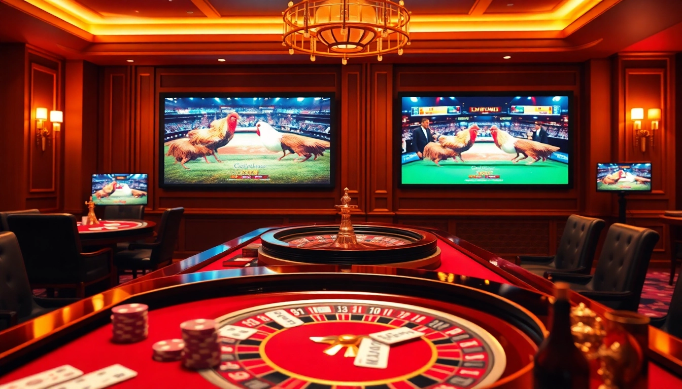 Experience trực tiếp đá gà thomo excitement in a luxurious casino environment featuring high-stakes tables and vibrant live match screens.