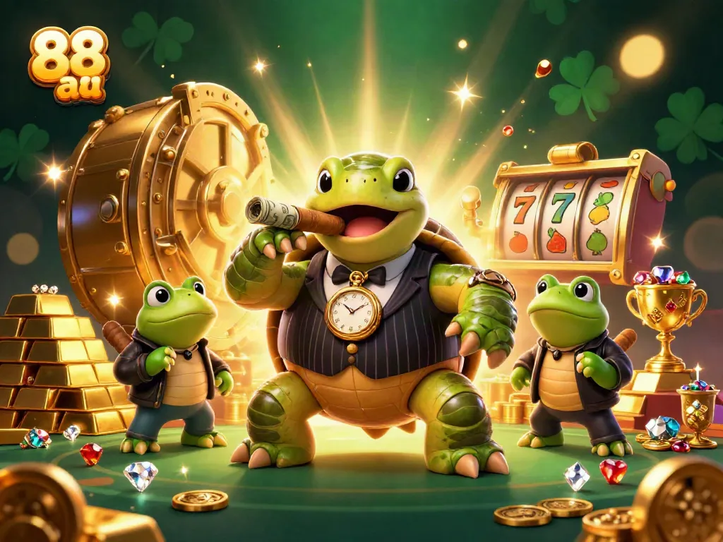 Engage with 88 aa at a vibrant casino scene featuring a turtle in a mobster suit and dazzling treasures.