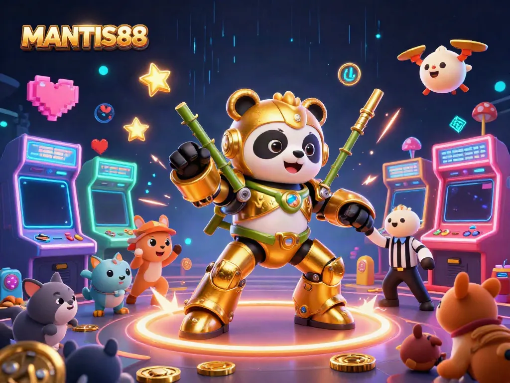 Navigate exciting games with MANTIS88 in a vibrant 3D illustration showcasing a unique golden panda and robot in a lively casino arena.