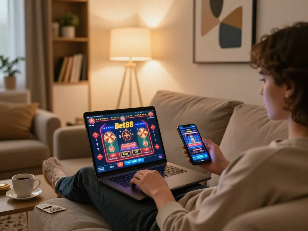 Engaging in online gaming with Bet88 on a laptop in a cozy living room.