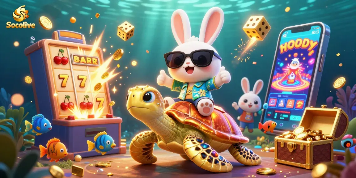 Experience Socolive's thrilling casino action with a lively rabbit and golden turtle amidst jackpots.