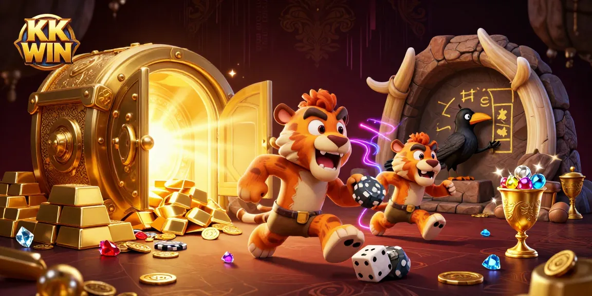 Engage in exhilarating gaming at KK WIN with cartoon cavemen and treasure in a prehistoric casino.