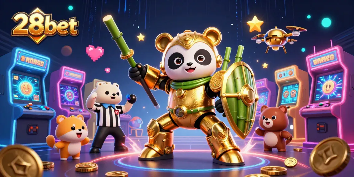 Unleash rewards with 28bet in a colorful casino-themed 3D illustration packed with arcade machines.