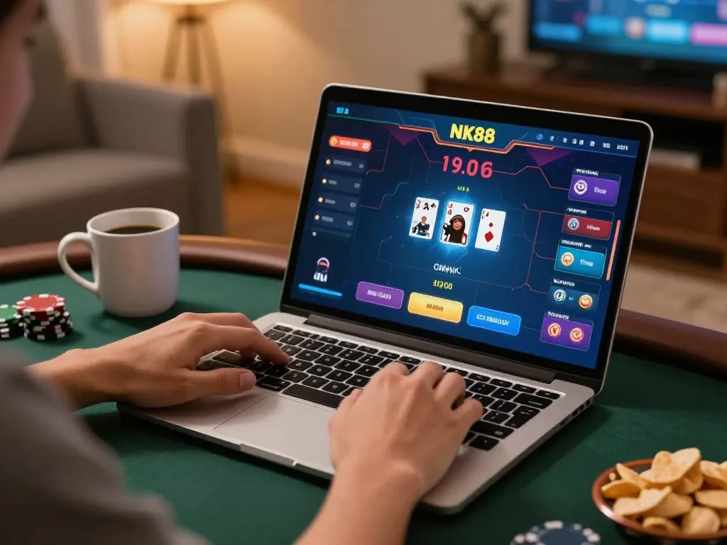 Players enjoying a thrilling poker game at NK88, showcasing online gameplay excitement and cozy ambiance.