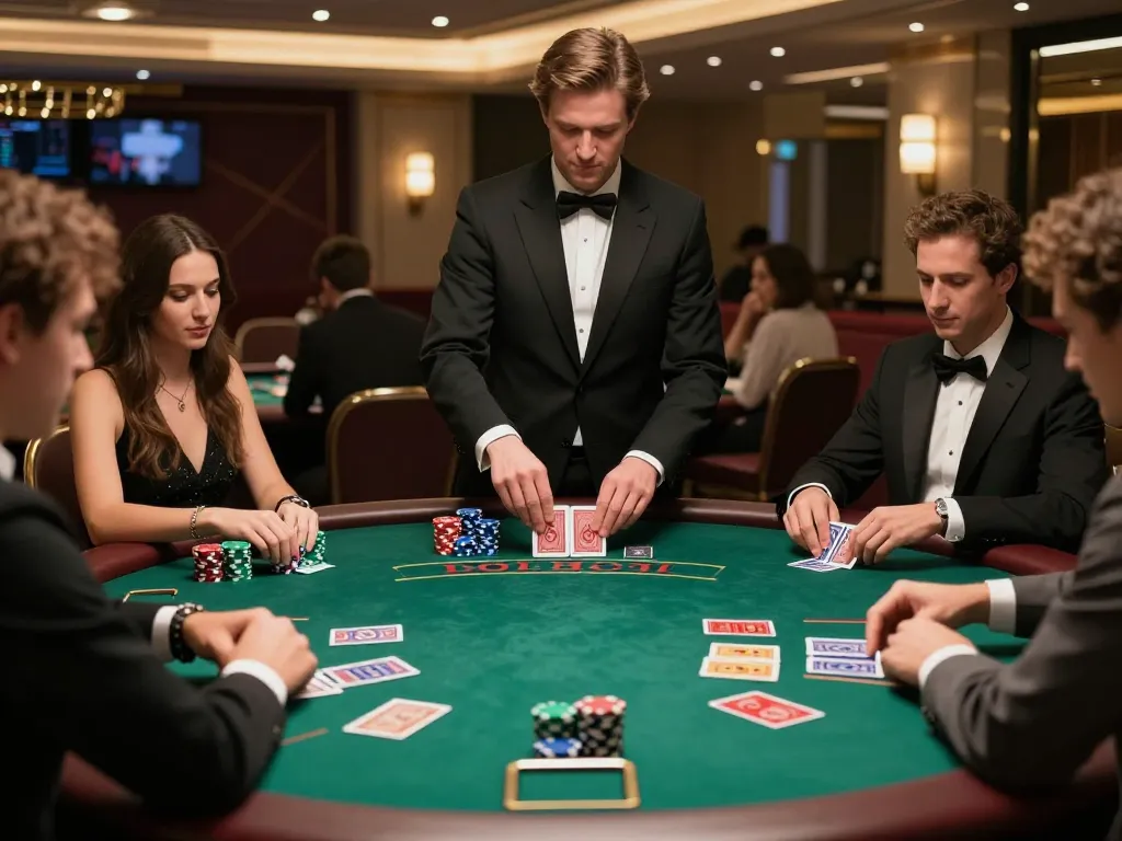 Players engaging in strategic blackjack gameplay at tai du88, showcasing dealer action and vibrant casino atmosphere.