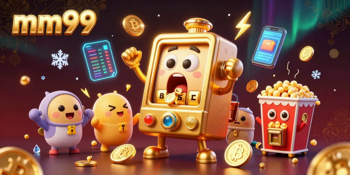 Win big with mm99's vibrant jackpot scene featuring a surprised slot machine pouring coins!