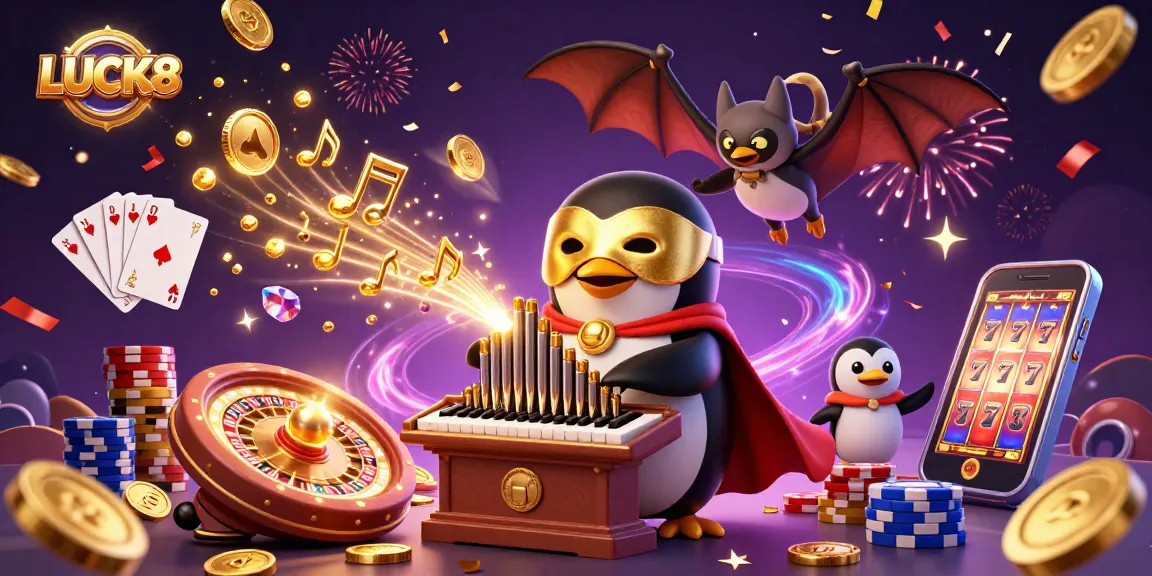 Experience LUCK8 with a vibrant illustration showcasing a whimsical scene of casino elements and characters.