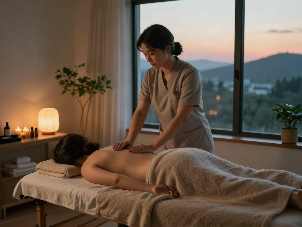Relaxing 강북출장마사지 session at home with therapist, soothing ambiance, and calming decor.