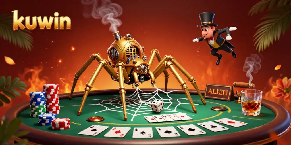 Kuwin steampunk spider catches dice in golden web amid vibrant poker scene, illustrating thrilling casino atmosphere.
