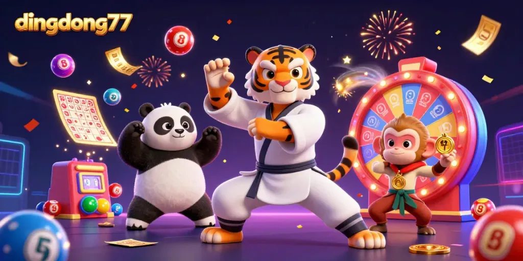 Engage with dingdong77 to win with a playful illustration of a kung fu tiger, panda, and monkey among vibrant casino elements.