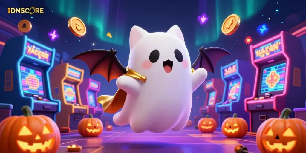 IDNSCORE showcases a ghost cat in a ghostly casino, surrounded by glowing game elements and vibrant illusory delights.