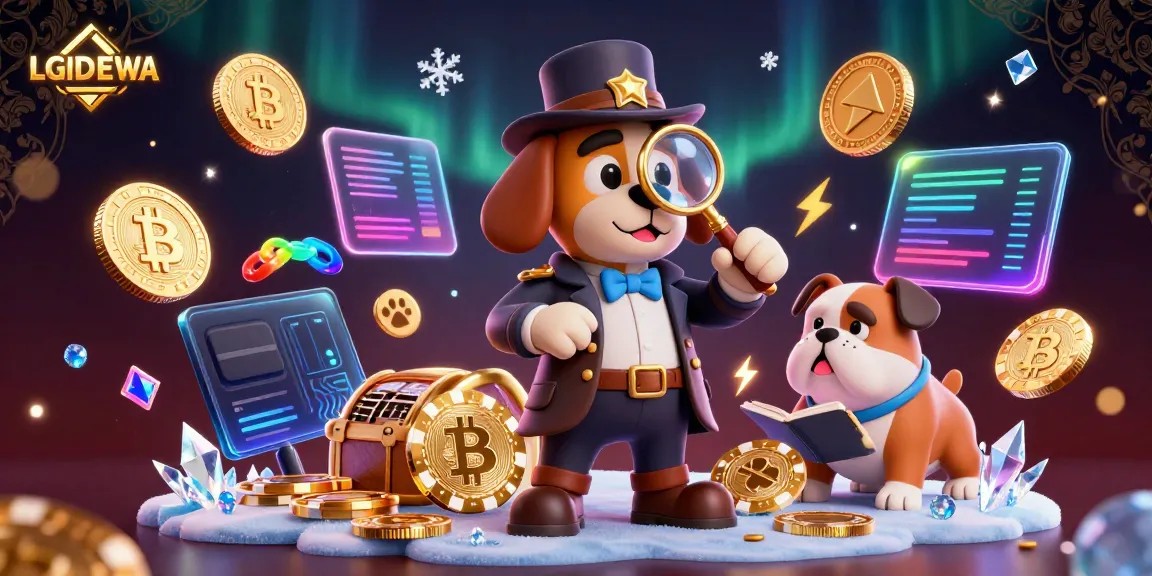 Engage with LGODEWA's mystery as a detective bloodhound discovers a golden poker chip clue amid crypto coins.
