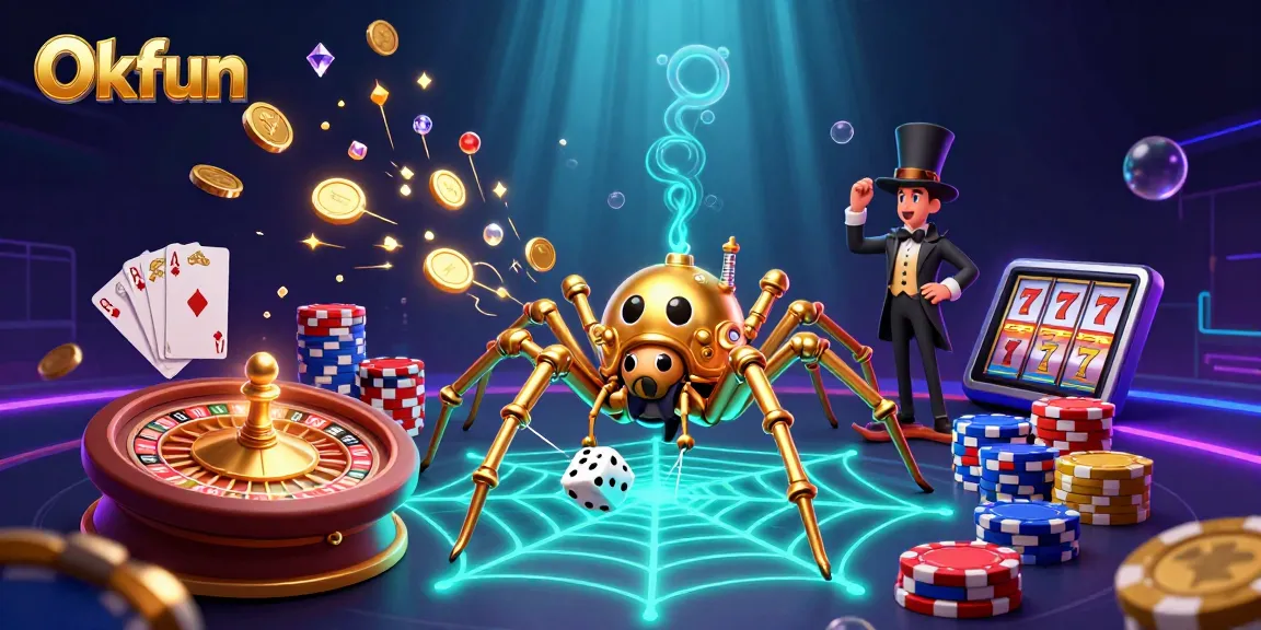 Engage with Okfun's captivating 3D casino illustration showcasing a golden spider and whimsical characters.